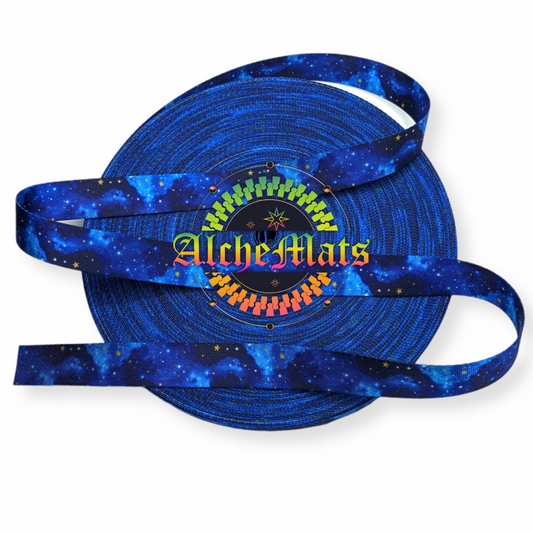 blue seatbelt webbing with a starry night pattern
