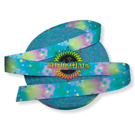 multicolored, custom printed seatbelt webbing with a geometric pattern