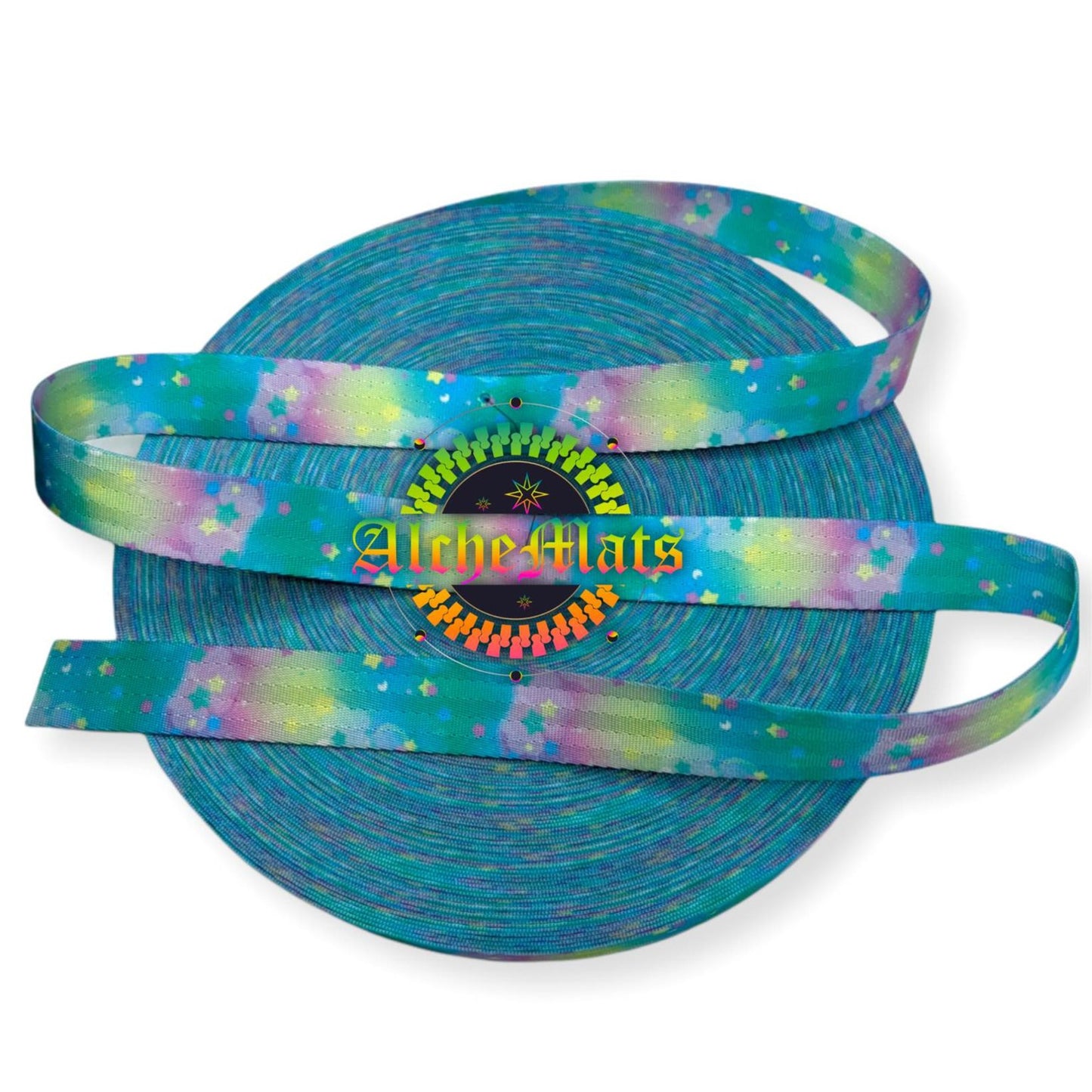 multicolored, custom printed seatbelt webbing with a geometric pattern.