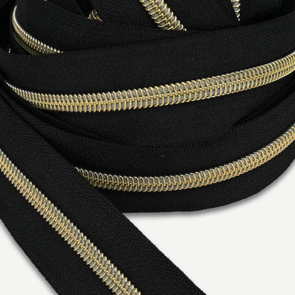 Zipper Tape || Gold Coil, Black Tape - Nylon #5 Continuous Cut
