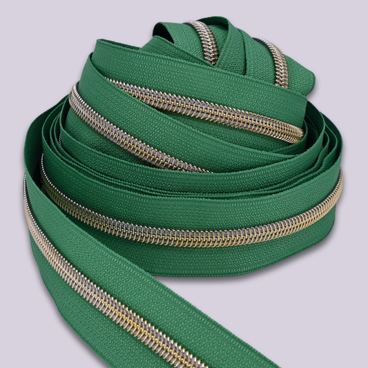 Zipper Tape || Gold Coil, Moss Green Tape - Nylon #5 Continuous Cut