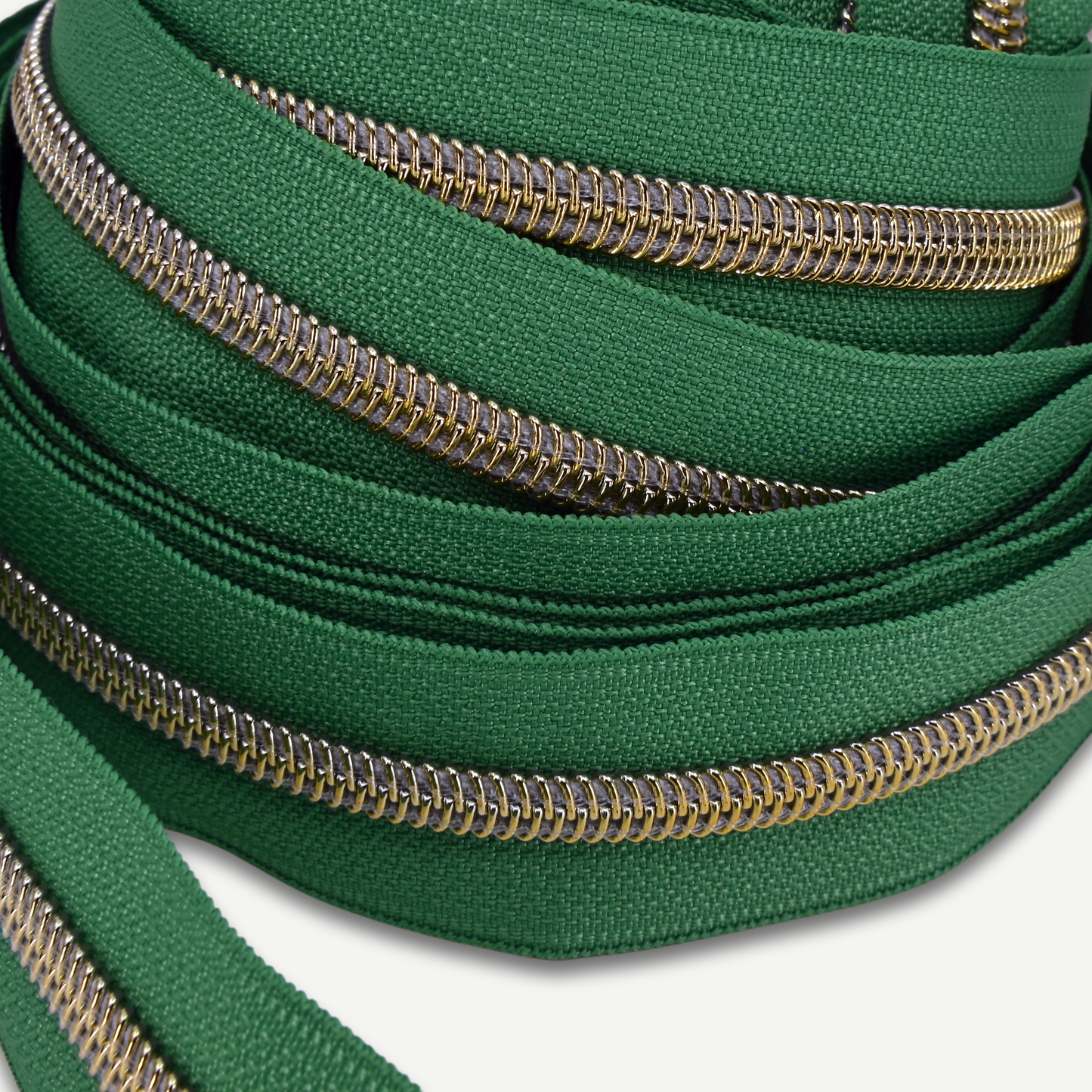 Zipper Tape || Gold Coil, Moss Green Tape - Nylon #5 Continuous Cut