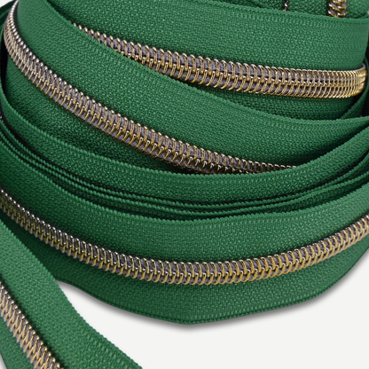 Zipper Tape || Gold Coil, Moss Green Tape - Nylon #5 Continuous Cut