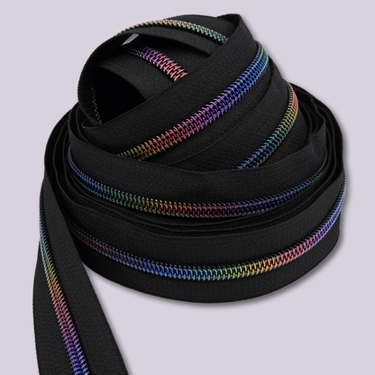 Zipper Tape || Rainbow Teeth, Black Tape - Nylon Coil #5 Continuous Cut