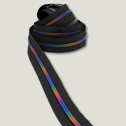 Zipper Tape || Rainbow Teeth, Black Tape - Nylon Coil #5 Continuous Cut