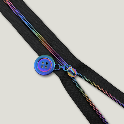 Zipper Tape || Rainbow Teeth, Black Tape - Nylon Coil #5 Continuous Cut
