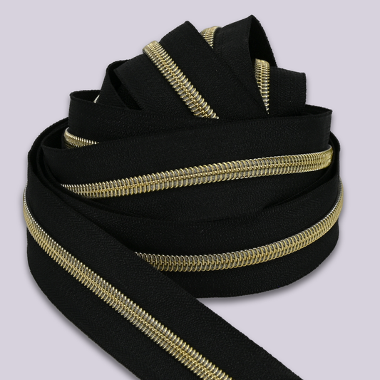 Zipper Tape || Gold Coil, Black Tape - Nylon #5 Continuous Cut